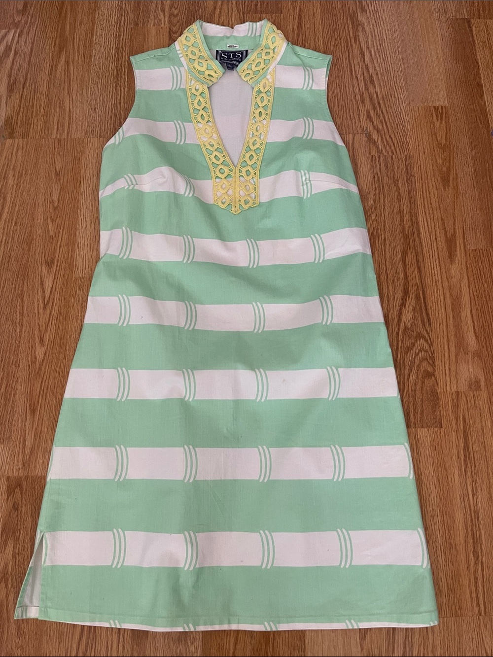 STS Sail to Sable Mint & White Striped Sleeveless Kids Dress with Yellow Trim